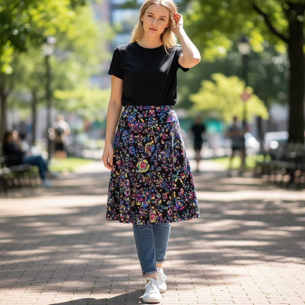 LuLaRoe Azure Skirt 3XL NWT Black Floral Paisley A-Line Knee Length Plus Size